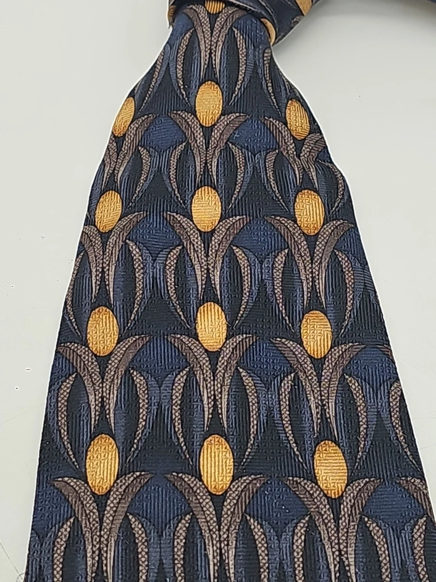 Lot De 4 Cravates Vintage Homme 100% Soie – Motifs Bleu Et Jaune – Marque Manhattan – Occasion
