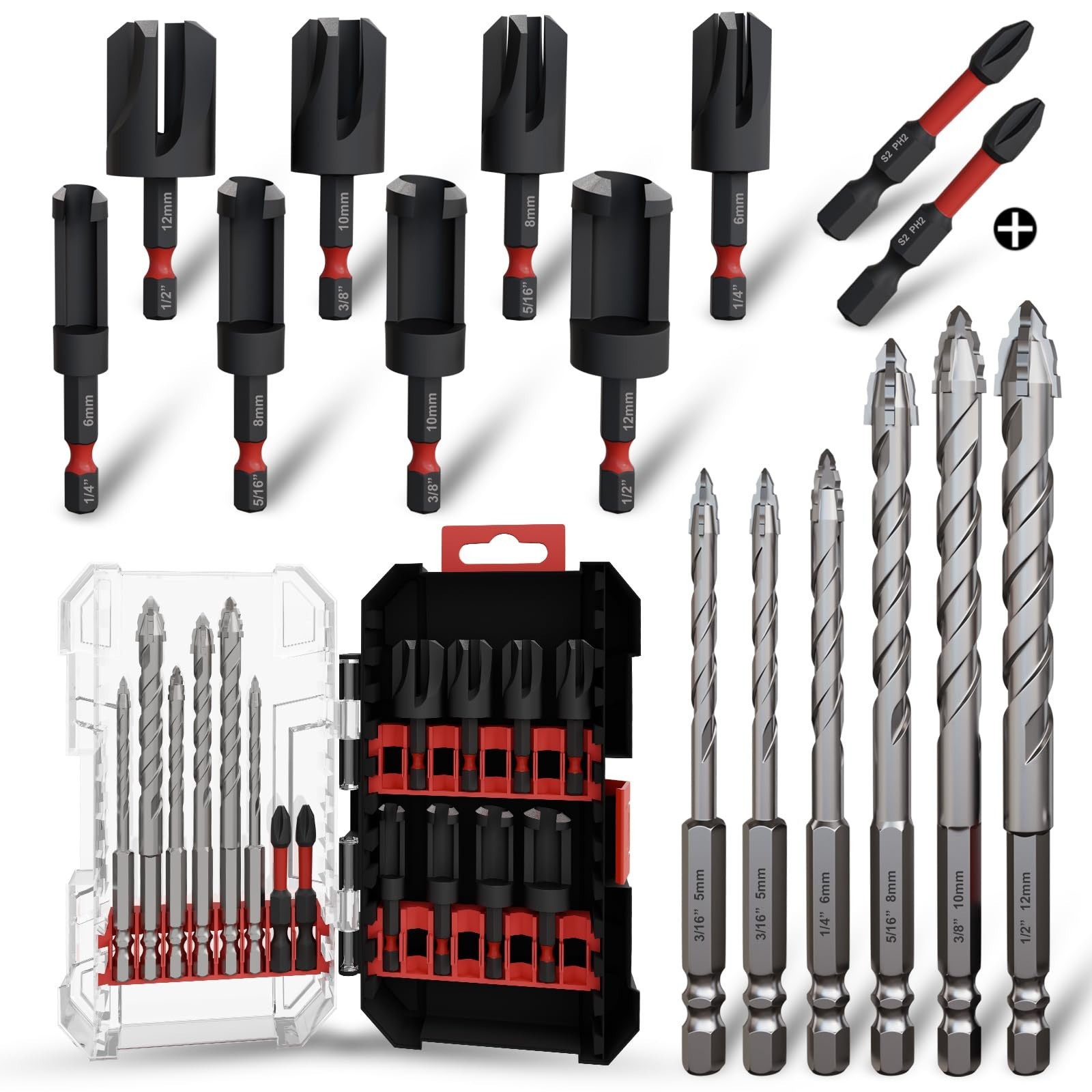 Wood Plug Cutter Drill Bit Set 16-Piece, Straight and Tapered Cutting Toolsʌ