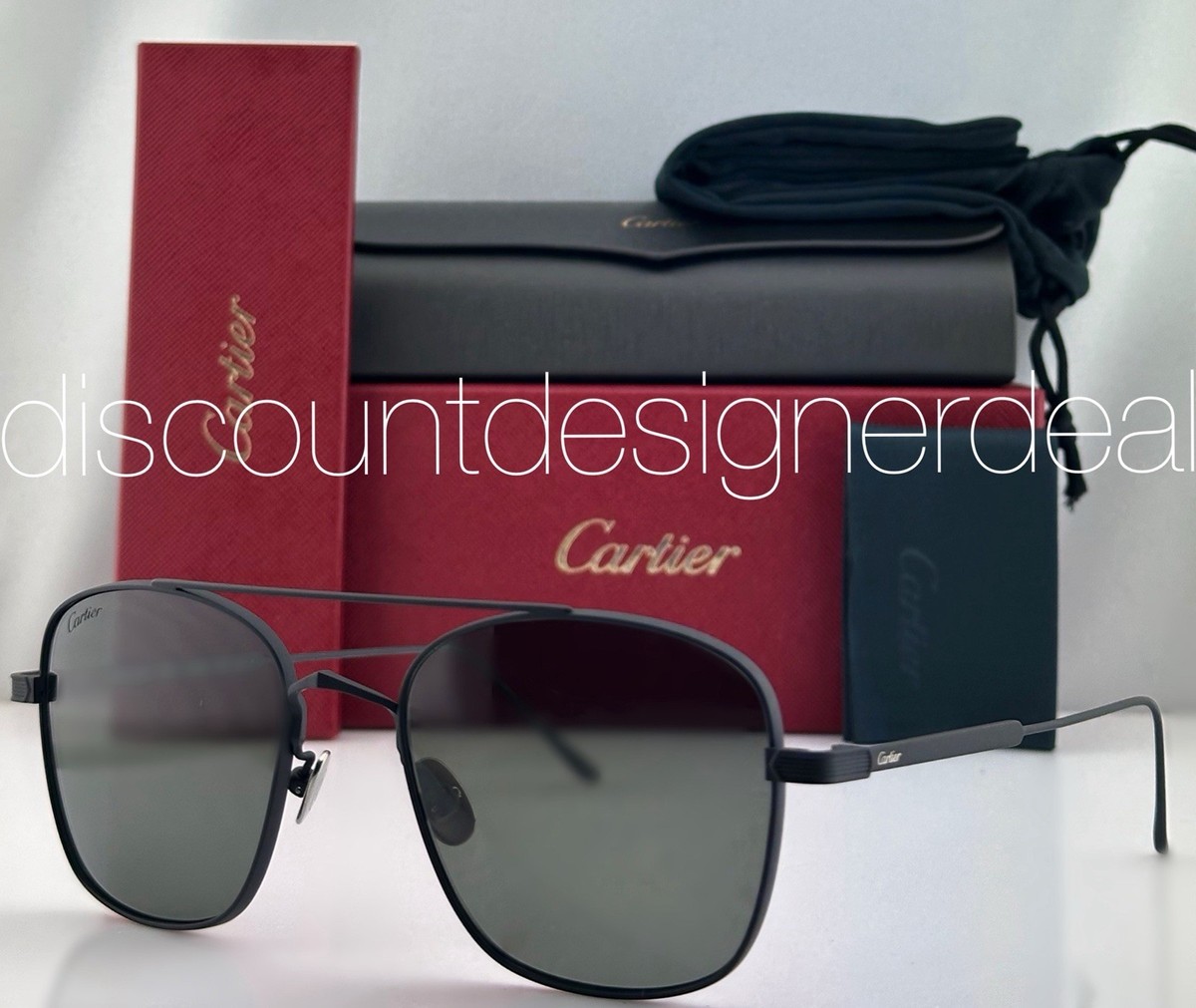 Cartier メガネケース (小) Cartier Men Black Titanium Square Sunglasses Gray Polarized 55mm