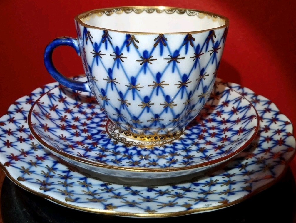 Vtg Lomonosov Russia Porcelain Cobalt Net Tulip Tea cup Saucer Dessert Plate 3pc