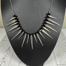 Spikey Silver Tone Statement Bib Necklace 25 Inch Adjustable Punk