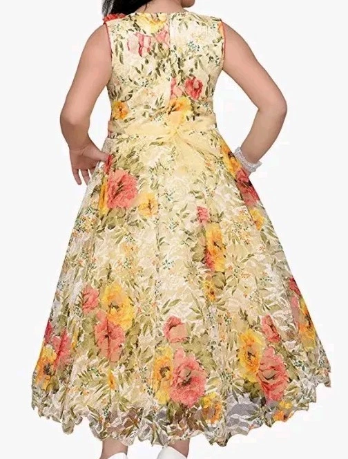 INDIAN GIRL PARTY WEAR GOWN FOR KIDS ADIVA DRESS 40(12-14) YELLOW FLORAL TULLE  - Image 3 of 4