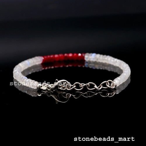 925 Sterling Silver Rainbow Moonstone+Corundum Ruby Jewelery Beads Bracelet 7" - Picture 2 of 10