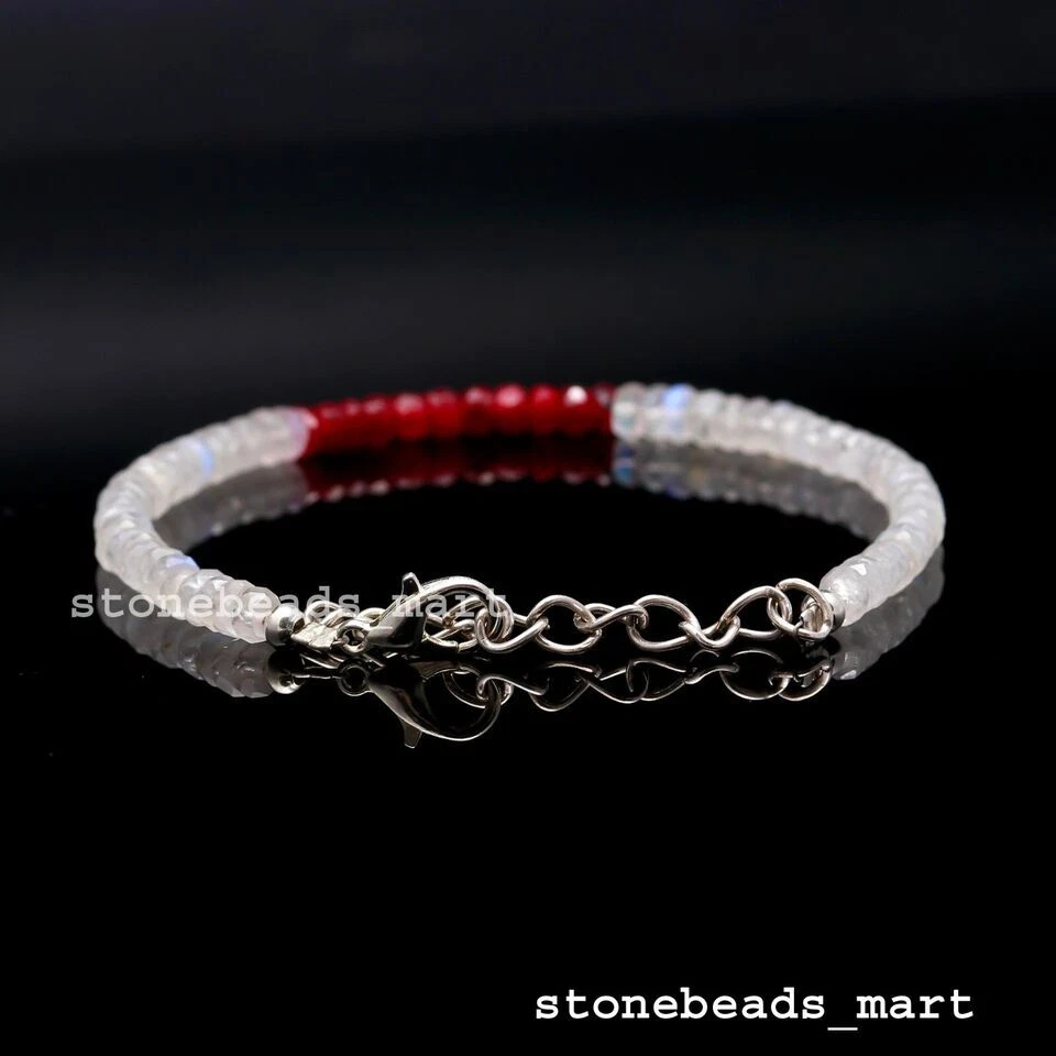 925 Sterling Silver Rainbow Moonstone+Corundum Ruby Jewelery Beads Bracelet 7" - Image 2 of 4