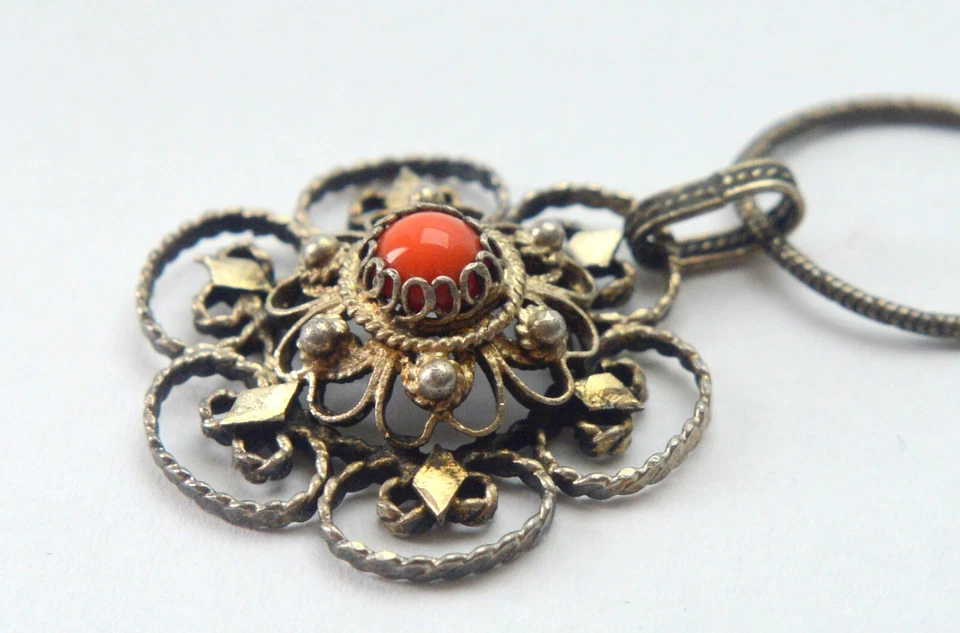 COLLAR CADENA COLGANTE CORAL ROJO NATURAL FILIGRANA EXQUISITA PLATA 925 AÑOS 20 Foto 3 de 4