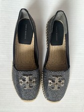 Tory Burch Sz 7 Black Everly Espadrille Royal Suede Embellished Flats