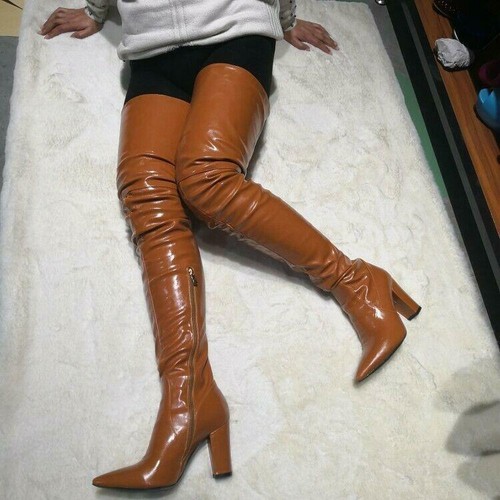 leather block heel knee boots