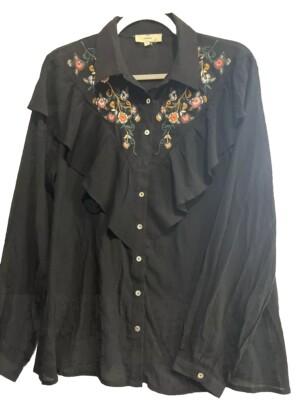 Entro Womens Blouse Medium Long Sleeve Embroidered Ruffle Bohemian Western Black