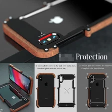 R-Just For iPhone 13 14 15 16 Pro Genuine Wood+Aluminum Metal Shockproof Case