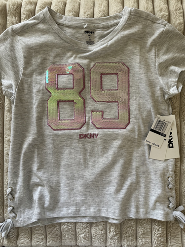 *NWT* DKNY Girl's Glitter Short Sleeve T-Shirt Lt Grey Heather Size L (12)
