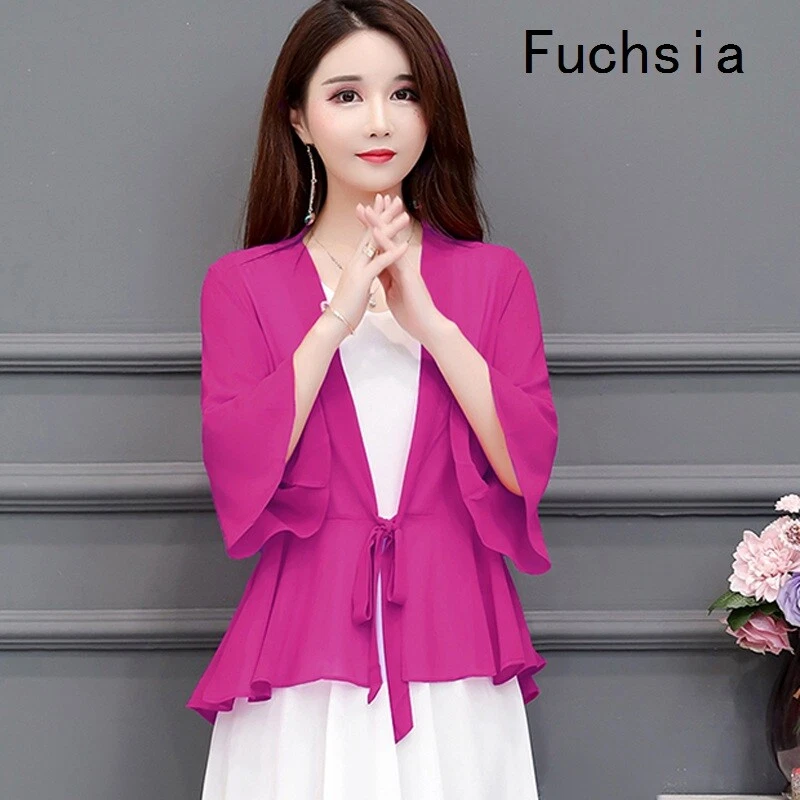 Женщин шифона Болеро жакет Топ 3/4 расклешенный рукав галстук спереди туника тонкий кардиган - Изображение 4 из 4