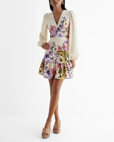 Express Floral V Neck Long Puff Sleeve Cutout Floral Mini Dress Womens M Easter