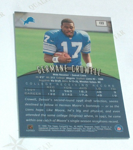 1998 Topps Finest Germane Crowell # 133 Detroit Lions NFL RC Rookie Card NM - Picture 3 of 3