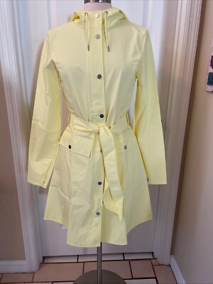 RAINS Curve Jacket Women's/Unisex Small Hooded Trench Coat Straw Yellow Pockets