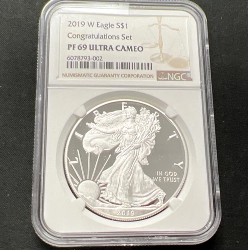 2019 W NGC PF69 Ultra Cameo American Eagle Silver Dollar $1  Congratulations Set