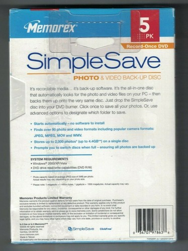 Disco de copia de seguridad de fotos y videos simple Memorex - Paquete de 5 - Grabar una vez DVD - Imagen 2 de 2