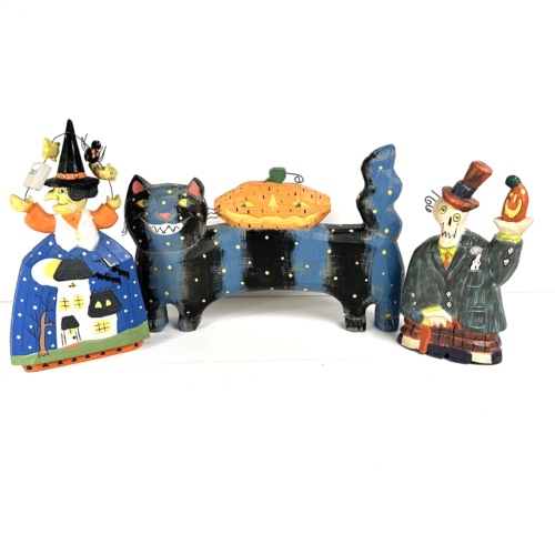 Ensemble de 3 pièces décor rustique Halloween citrouille chat sorcière squelette faux bois sculpté - Photo 1 sur 8