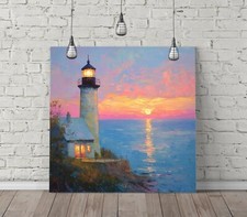 LIGHTHOUSE PINK SUNSET -SQUARE CANVAS WALL ART FLOAT EFFECT/FRAME/POSTER PRINT