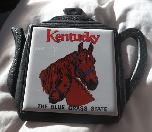 Horse Cast Iron Trivet Ceramic Tile Kentucky Blue Grass State Tea Pot Shape - Picture 2 of 11