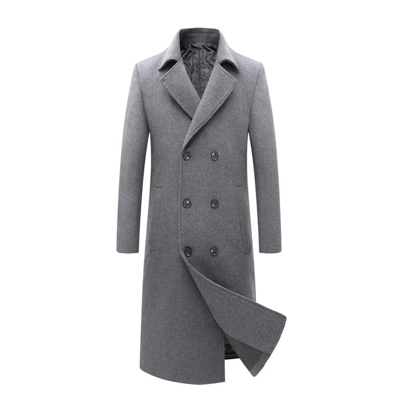 Mens Double Breasted Long Wool Blend Business Trench Coat Cotton
