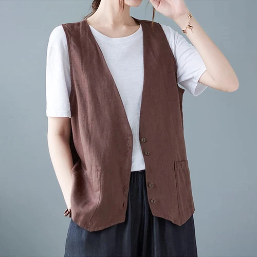 Mujeres Algodón Lino Sin Mangas Chaleco Abrigo Damas Botones Chaleco Informal Camiseta sin Mangas - Imagen 17 de 45