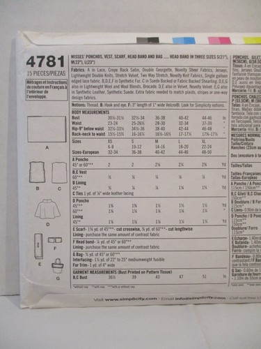 Simplicity Pattern 4781 Miss Size AA (XS-S-M) Ponchos Vest Scarf Head Band Bag - Picture 13 of 17