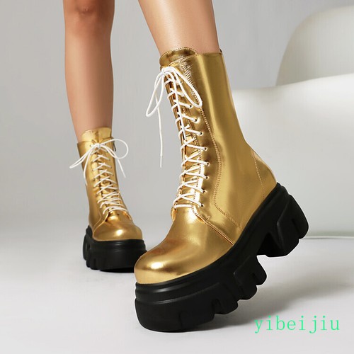 Damen Gothic Runde Spitze Stiefeletten Plateau Dicke Sohle High Top Absatz Schuhe Lady - Bild 13 von 28
