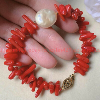 Elegant Natural Red Coral Chips Irregular Beads White Coin Pearl