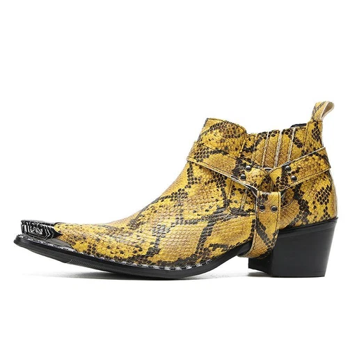 Men High Heel Rivets Snakeskin Pattern Serpentine Leather Metal Toe Ankle Boots - Picture 16 of 22