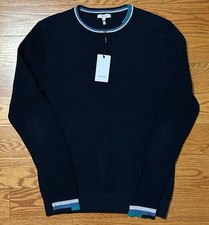 NWT Mens Reiss Amble Intarsia Trim Textured Cotton Crewneck Sweater Navy M 180