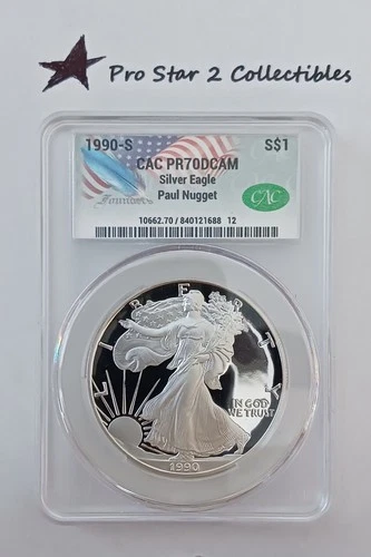 1990 S AMERICAN SILVER EAGLE CAC PR70 DCAM Signed by Paul Nugget