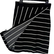 Ann Taylor Stripe Pencil Skirt Womens M Black White Faux Wrap Office Career Knit
