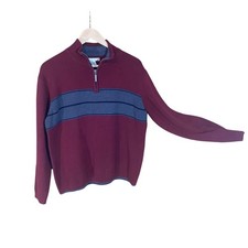 Geoffrey Beene Men  s Quarter Zip Sweater Burgundy Gray Stripe Cotton Blend M