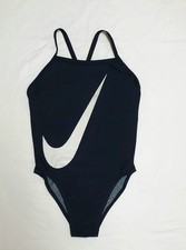 Nike Big Swoosh One Piece Swimsuit Size 8 Black Big Logo Scoop Neck Raceback EUC