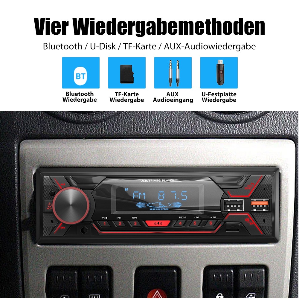 1 DIN MP3 con FM USB Bluetooth vivavoce telecomando AUX 7 colori autoradio foto 3