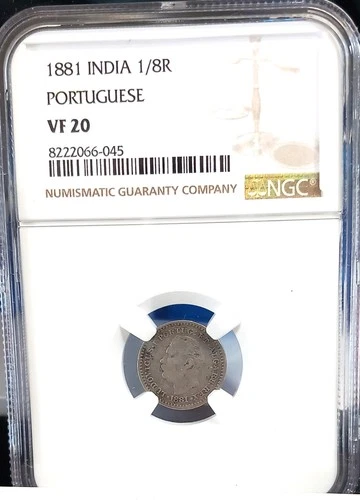 INDIA PORTUGUESE 1881 1/8th RUPEE NGC VF 20 'RARE'