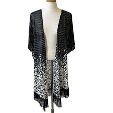 Siren Lily Whimsigoth Floral Fringed Kimono Top Women L Black White Cottagecore