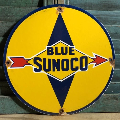 VINTAGE BLUE SUNOCO GASOLINE MOTOR OIL PORCELAIN GAS STATION SIGN