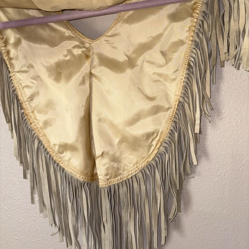 Vintage 70s Poncho Tan Suede Leather Fringe Floral Butterfly Boho Western Folk - Picture 9 of 9