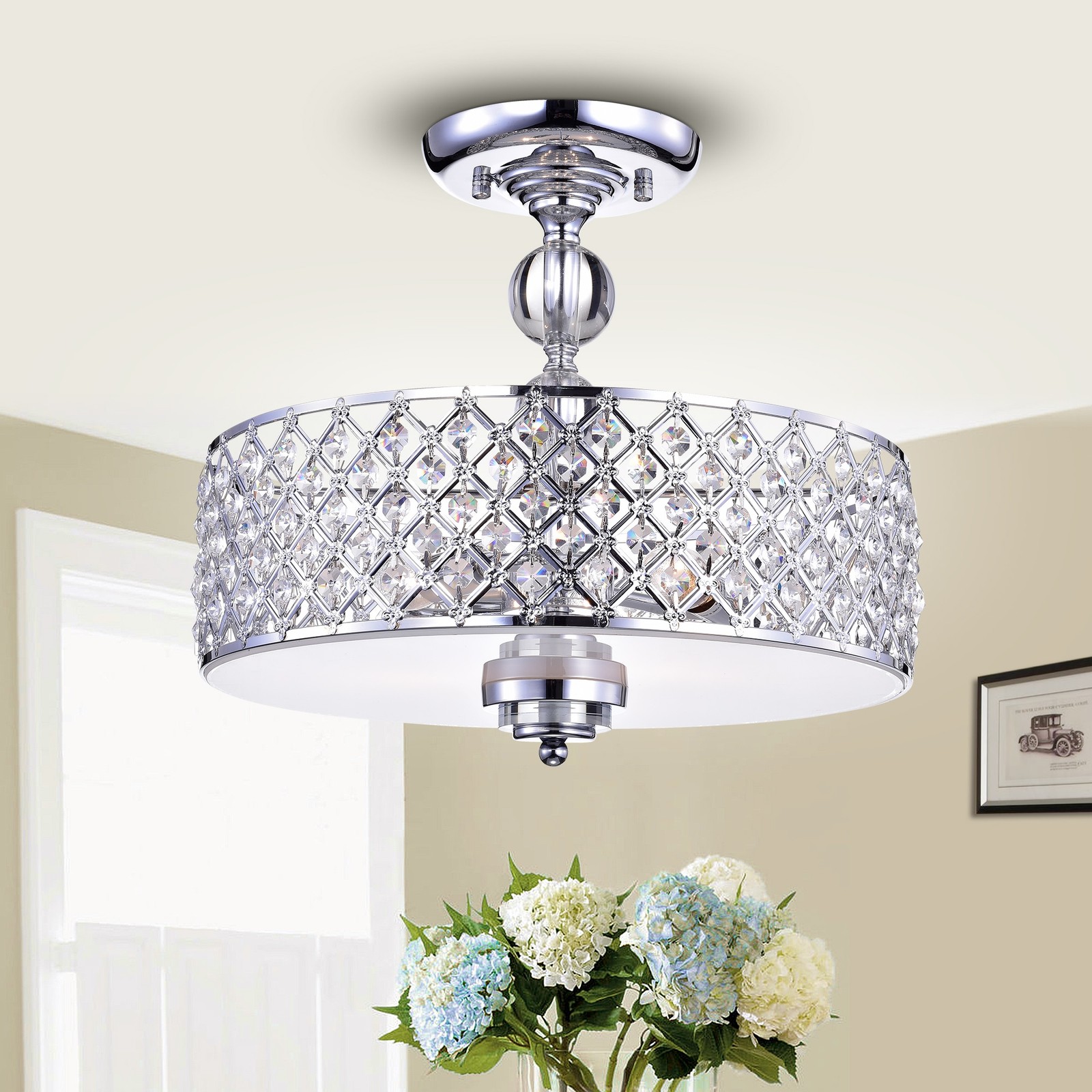 Dyesta Crystal Chrome Crosshatch Round Semi Flush Mount Clear Lighting Fixture