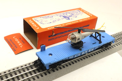 Lionel PW, O, #3410, Blue Launch Lionel Flat Car w/ Helicopter Load in SCARCE OB