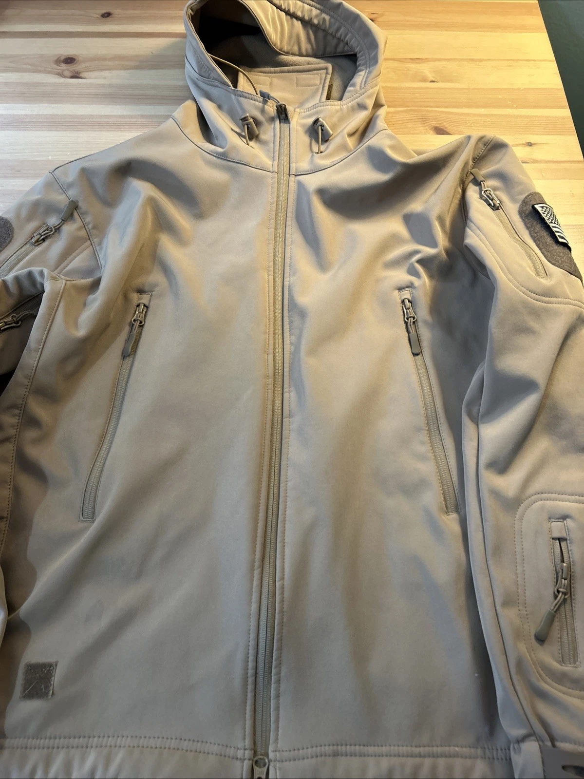 TACVASEN? Mens Medium Tactical Soft shell Fleece Carmel Coat With Flag Patch image 3