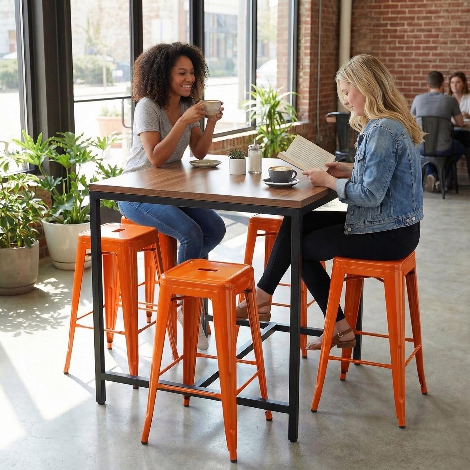 Fwstyle Unisex Orange Bistro Set Of 4 24" Assembled Gloss Metal Bar Stools - Image 2