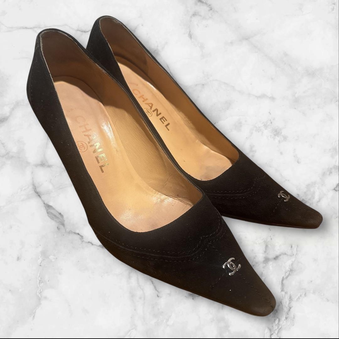 CHANEL Women's Pumps Heel Suede Size:36/JP:23 Black From Japan 135502K Authentic