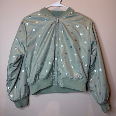 Penelope Mack Girls Sage Green Heart Print Bomber Jacket Faux Fur Lined Size 12