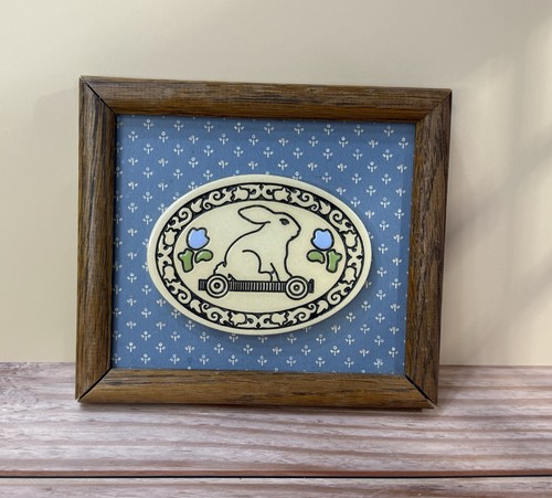 VTG 80s Framed Ceramic Oval Bunny Plaque Blue White Country Cottage Core Child 