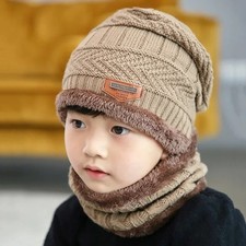 Kids Winter Hat  Scarf Set   Baby Boys Girls Warm Knitted Beanie with Velvet Li