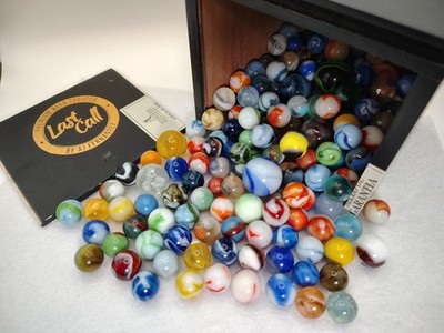 2+lbs of mixed vintage marbles in cigar box NM 
