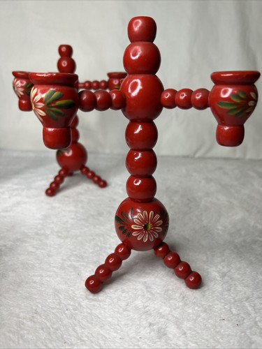 Lot 3 Swedish Candelabra Wood Red w/Flowers Vintage Mid Century Made Sweden - Picture 17 of 22