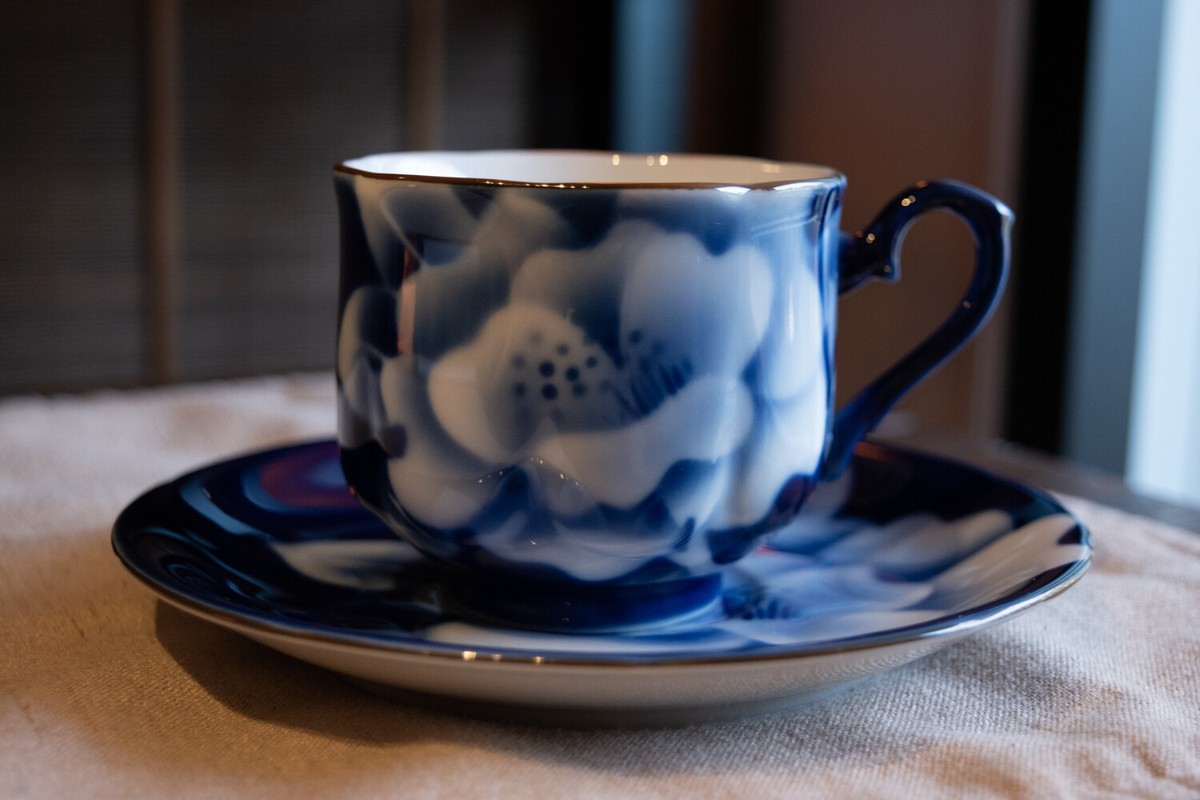 Vintage Japanese Ceramic Tea CoffeeCup Set w/ Saucers Lacquer Tray